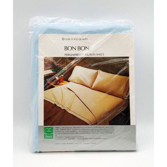Sears Bon Bon Perma Prest Muslin Full Size Flat Sheet Light Blue NEW NOS - Picture 2 of 2